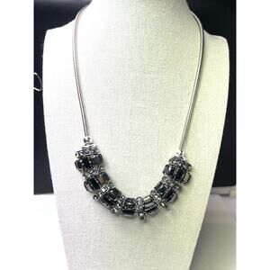Vintage Statement Black Silver and Rhinestone Bib Collar Chunky Costume Necklace